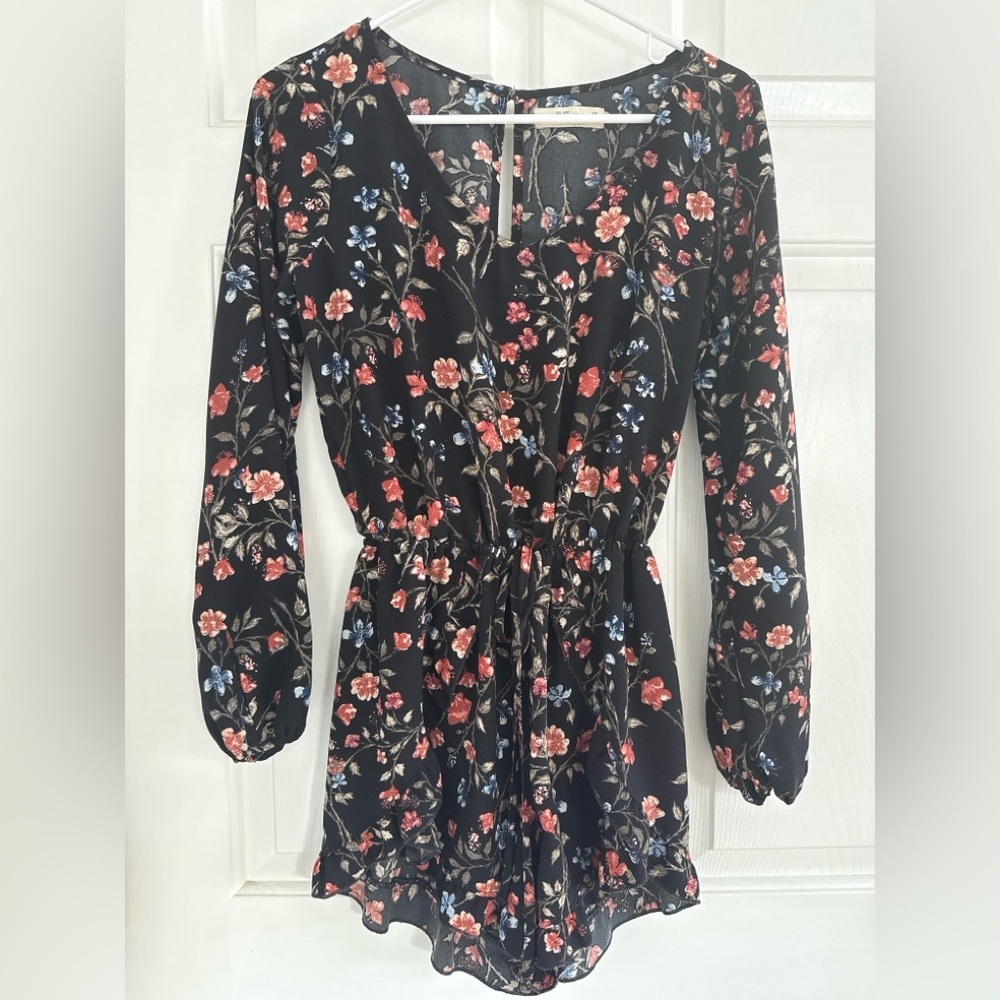 Abercrombie & Fitch Floral Long-Sleeve Mini Romper — Black Multicolor Print, XS